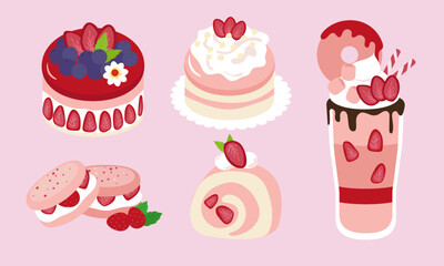 Series of strawberry dessert in flat color vector style Set 2