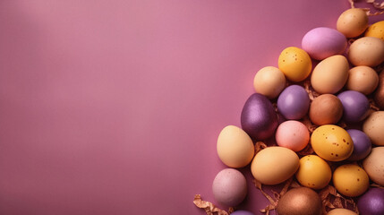 Easter holiday background with copy space for text. Colorful easter eggs with bird nest top view.