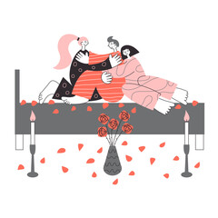 Polyamorous people sleep together in bed. Open relationships, polygamy sex concept. Bisexual men and women on a romantic date. Vector flat minimalistic illustration.