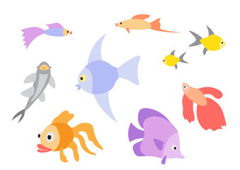 aquarium flat design color fishes set