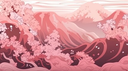 Fototapeta na wymiar 北斎風の抽象的な背景。波、海、ピンクの桜の木GenerativeAI