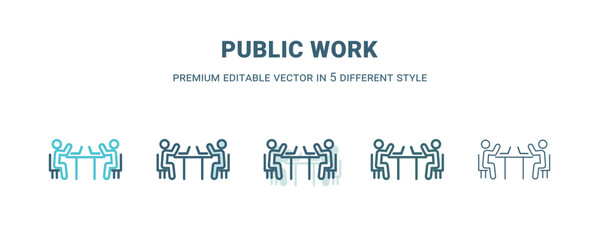 public work icon in 5 different style. Outline, filled, two color, thin public work icon isolated on white background. Editable vector can be used web and mobile