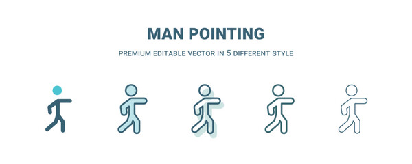 man pointing icon in 5 different style. Outline, filled, two color, thin man pointing icon isolated on white background. Editable vector can be used web and mobile
