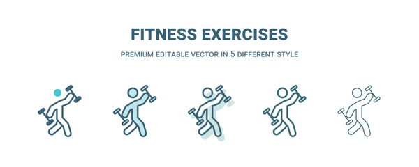 fitness exercises icon in 5 different style. Outline, filled, two color, thin fitness exercises icon isolated on white background. Editable vector can be used web and mobile