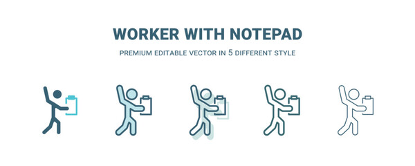 worker with notepad icon in 5 different style. Outline, filled, two color, thin worker with notepad icon isolated on white background. Editable vector can be used web and mobile