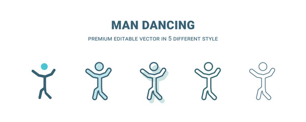 man dancing icon in 5 different style. Outline, filled, two color, thin man dancing icon isolated on white background. Editable vector can be used web and mobile