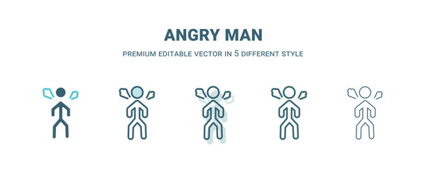 angry man icon in 5 different style. Outline, filled, two color, thin angry man icon isolated on white background. Editable vector can be used web and mobile