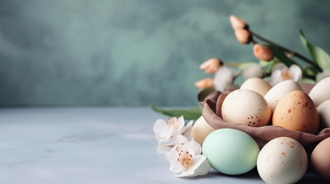 Easter holiday background with copy space for text. Colorful easter eggs with bird nest side view.