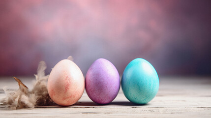 Easter holiday background with copy space for text. Colorful easter eggs with bird nest side view.