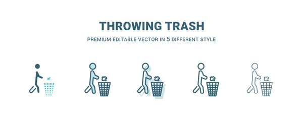 throwing trash icon in 5 different style. Outline, filled, two color, thin throwing trash icon isolated on white background. Editable vector can be used web and mobile