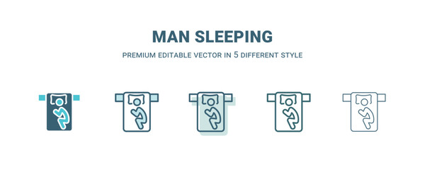 man sleeping icon in 5 different style. Outline, filled, two color, thin man sleeping icon isolated on white background. Editable vector can be used web and mobile