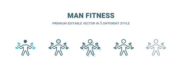 man fitness icon in 5 different style. Outline, filled, two color, thin man fitness icon isolated on white background. Editable vector can be used web and mobile