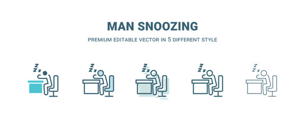 man snoozing icon in 5 different style. Outline, filled, two color, thin man snoozing icon isolated on white background. Editable vector can be used web and mobile