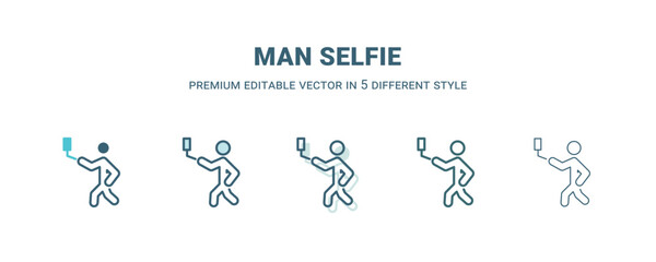man selfie icon in 5 different style. Outline, filled, two color, thin man selfie icon isolated on white background. Editable vector can be used web and mobile