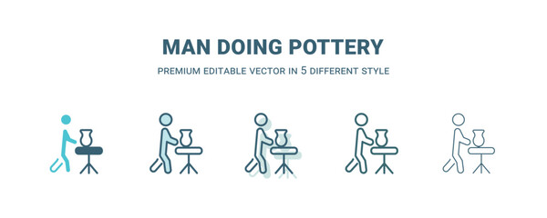 man doing pottery icon in 5 different style. Outline, filled, two color, thin man doing pottery icon isolated on white background. Editable vector can be used web and mobile
