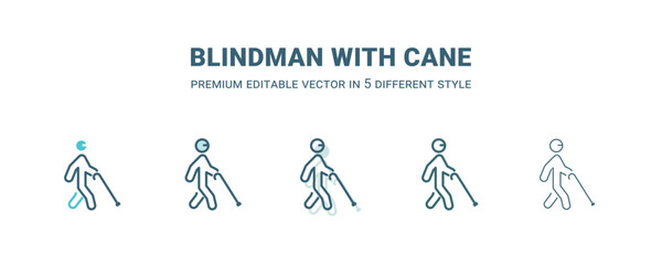 blindman with cane icon in 5 different style. Outline, filled, two color, thin blindman with cane icon isolated on white background. Editable vector can be used web and mobile