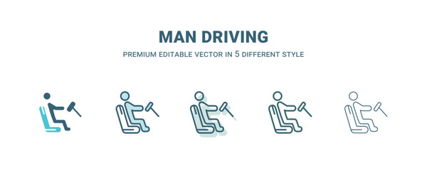 man driving icon in 5 different style. Outline, filled, two color, thin man driving icon isolated on white background. Editable vector can be used web and mobile