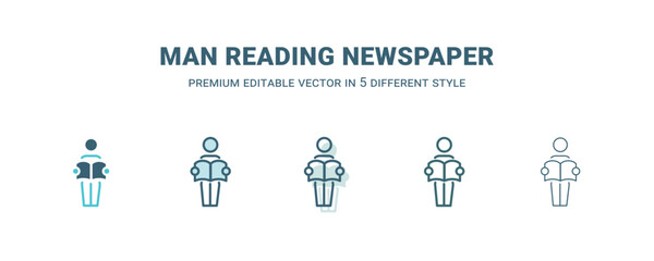 man reading newspaper icon in 5 different style. Outline, filled, two color, thin man reading newspaper icon isolated on white background. Editable vector can be used web and mobile
