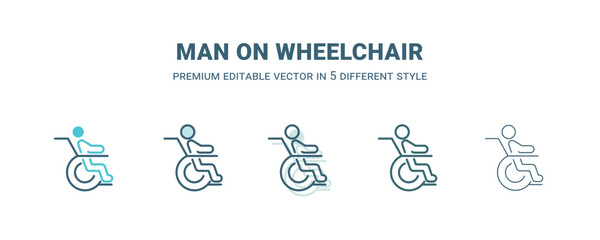 Fototapeta na wymiar man on wheelchair icon in 5 different style. Outline, filled, two color, thin man on wheelchair icon isolated on white background. Editable vector can be used web and mobile