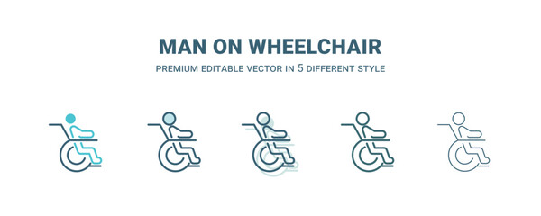 man on wheelchair icon in 5 different style. Outline, filled, two color, thin man on wheelchair icon isolated on white background. Editable vector can be used web and mobile