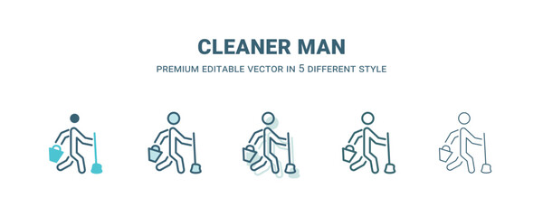 cleaner man icon in 5 different style. Outline, filled, two color, thin cleaner man icon isolated on white background. Editable vector can be used web and mobile