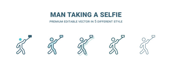 man taking a selfie icon in 5 different style. Outline, filled, two color, thin man taking a selfie icon isolated on white background. Editable vector can be used web and mobile