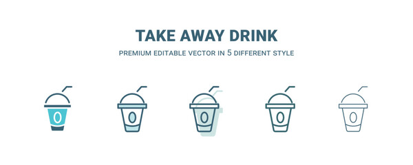 take away drink icon in 5 different style. Outline, filled, two color, thin take away drink icon isolated on white background. Editable vector can be used web and mobile