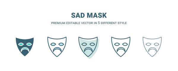 sad mask icon in 5 different style. Outline, filled, two color, thin sad mask icon isolated on white background. Editable vector can be used web and mobile