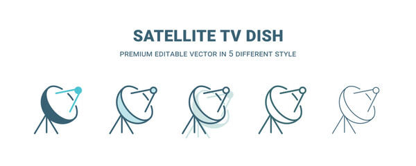 satellite tv dish icon in 5 different style. Outline, filled, two color, thin satellite tv dish icon isolated on white background. Editable vector can be used web and mobile