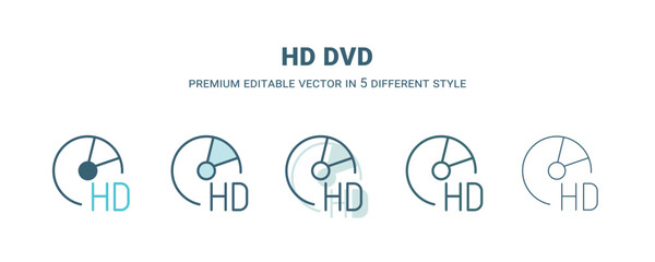 hd dvd icon in 5 different style. Outline, filled, two color, thin hd dvd icon isolated on white background. Editable vector can be used web and mobile