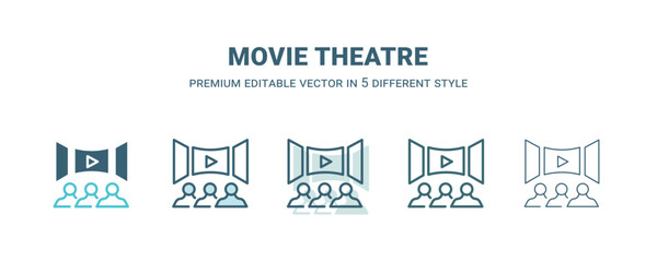 movie theatre icon in 5 different style. Outline, filled, two color, thin movie theatre icon isolated on white background. Editable vector can be used web and mobile