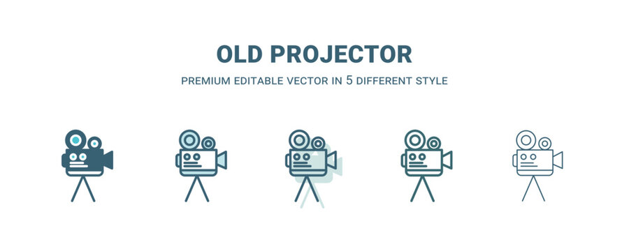 old projector icon in 5 different style. Outline, filled, two color, thin old projector icon isolated on white background. Editable vector can be used web and mobile