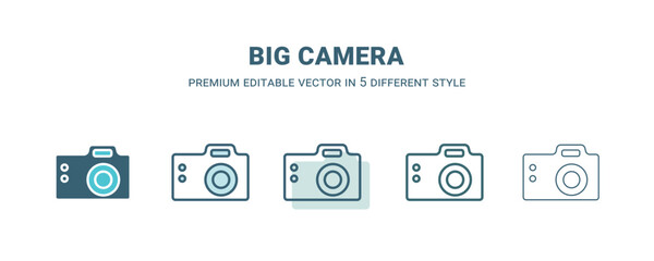 big camera icon in 5 different style. Outline, filled, two color, thin big camera icon isolated on white background. Editable vector can be used web and mobile