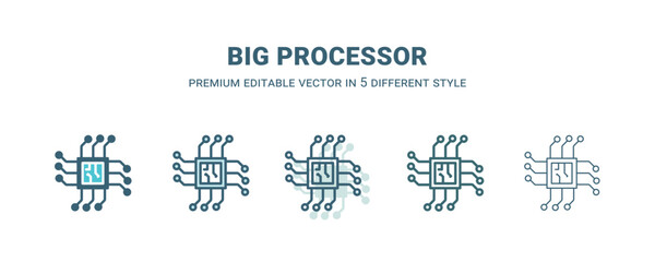 big processor icon in 5 different style. Outline, filled, two color, thin big processor icon isolated on white background. Editable vector can be used web and mobile