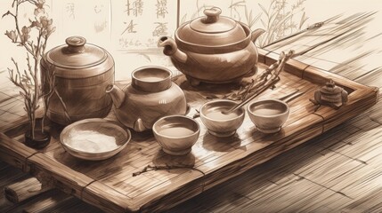 Chinese tea ceremony, chinese style drawing. AI generative.