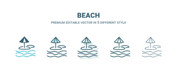 beach icon in 5 different style. Outline, filled, two color, thin beach icon isolated on white background. Editable vector can be used web and mobile