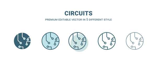 circuits icon in 5 different style. Outline, filled, two color, thin circuits icon isolated on white background. Editable vector can be used web and mobile
