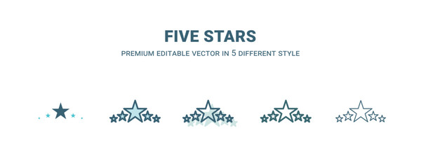 Fototapeta na wymiar five stars icon in 5 different style. Outline, filled, two color, thin five stars icon isolated on white background. Editable vector can be used web and mobile