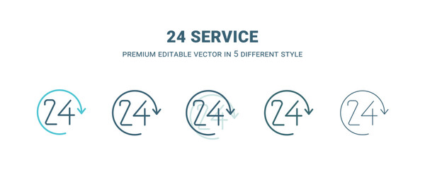 24 service icon in 5 different style. Outline, filled, two color, thin 24 service icon isolated on white background. Editable vector can be used web and mobile