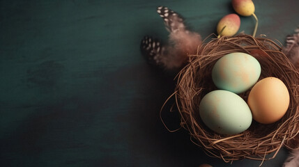 Easter holiday background with copy space for text. Colorful easter eggs with bird nest top view.