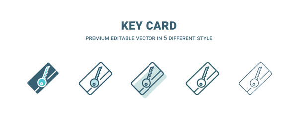 key card icon in 5 different style. Outline, filled, two color, thin key card icon isolated on white background. Editable vector can be used web and mobile