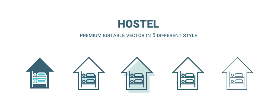 hostel icon in 5 different style. Outline, filled, two color, thin hostel icon isolated on white background. Editable vector can be used web and mobile