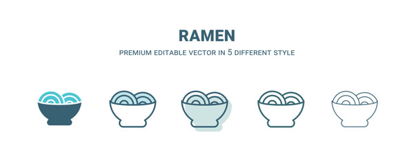 ramen icon in 5 different style. Outline, filled, two color, thin ramen icon isolated on white background. Editable vector can be used web and mobile