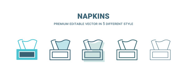 napkins icon in 5 different style. Outline, filled, two color, thin napkins icon isolated on white background. Editable vector can be used web and mobile