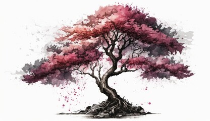 Obraz na płótnie Canvas Lonely sakura tree on white background in watercolor style. Ai generative.