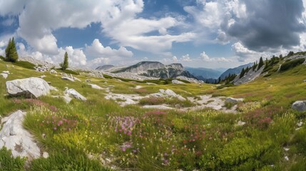 Fototapeta na wymiar Panorama of alpine meadow. AI generative.