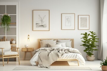Modern bedroom interior with wooden bed and plants
