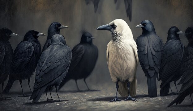 One white crow among black crows. AI generative.