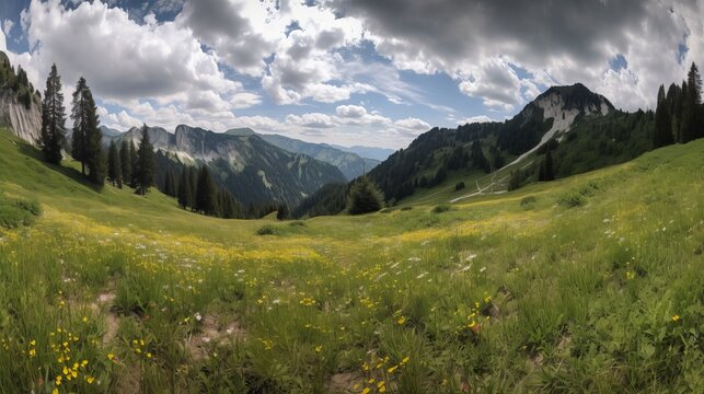 Panorama of alpine meadow. AI generative.