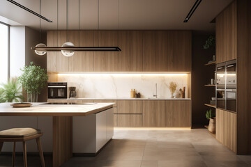 3d rendering beautiful kitchen with dining table, in luxury scandinavian apartment, fine furniture, nice color combination generative by AI Tools, 